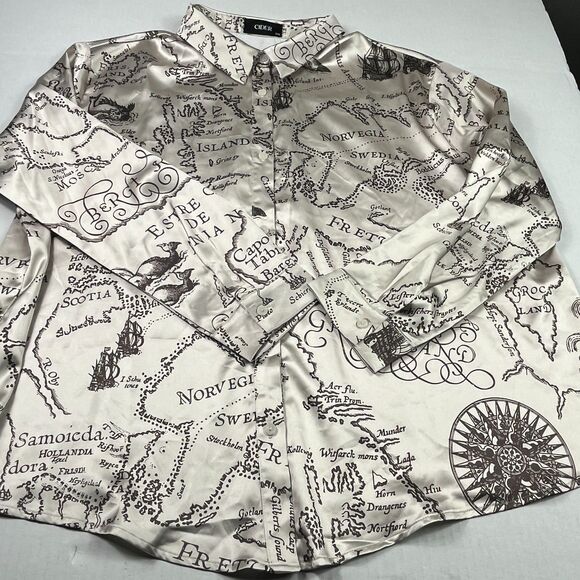 Cider Satin Map Print Shirt Collared Button Down Long Sleeve Silky Travel 2XL - Picture 2 of 10